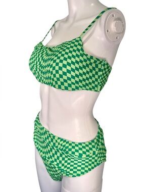 2pc Green Checkerboard Bikini Set High Waisted